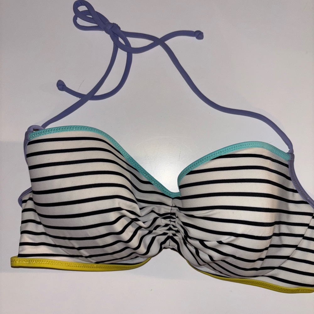 Victorias Secret Bikini Top 34C Getaway Halter Black White Blue Striped